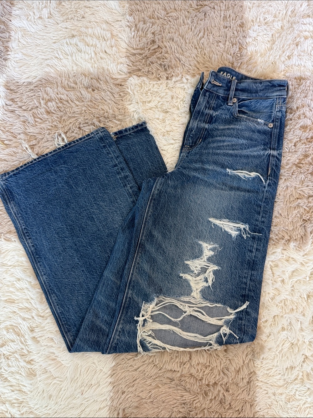 NWOT American Eagle Outfitters Women's Dark Blue Distressed Wide Leg Jeans
